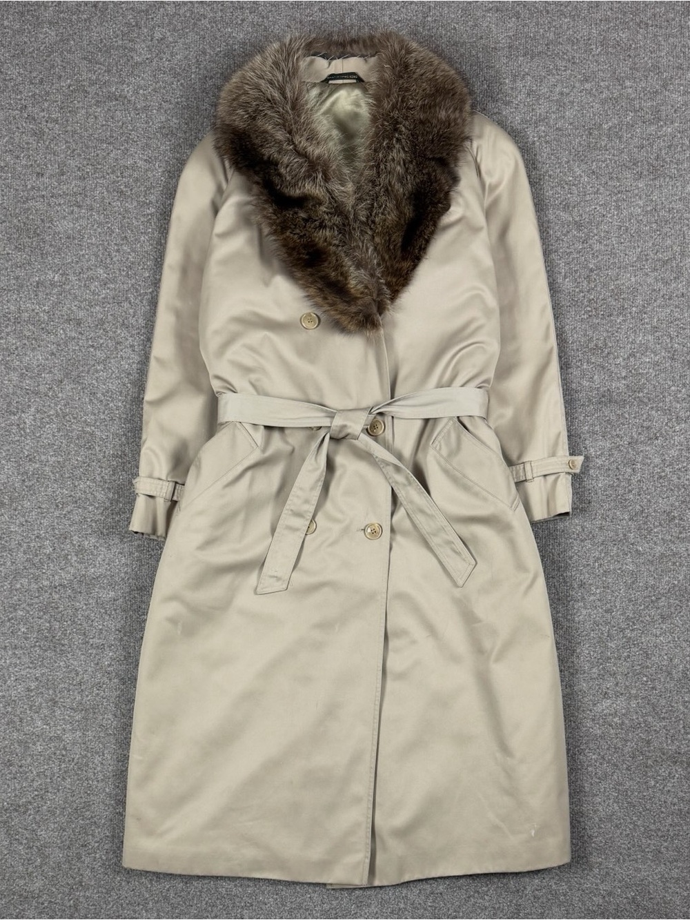 VTG Bromleigh Double Breasted Belted Trench Coat Women’s L/XL Raccoon Fur Collar